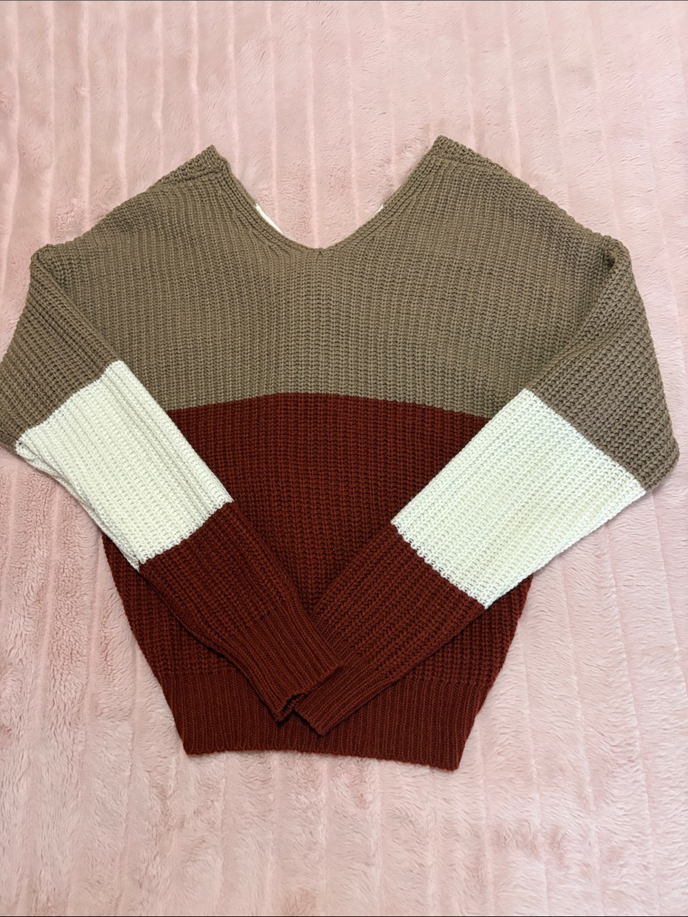 Others Follow Taupe, Rust & Cream Colorblock V-Neck Sweater